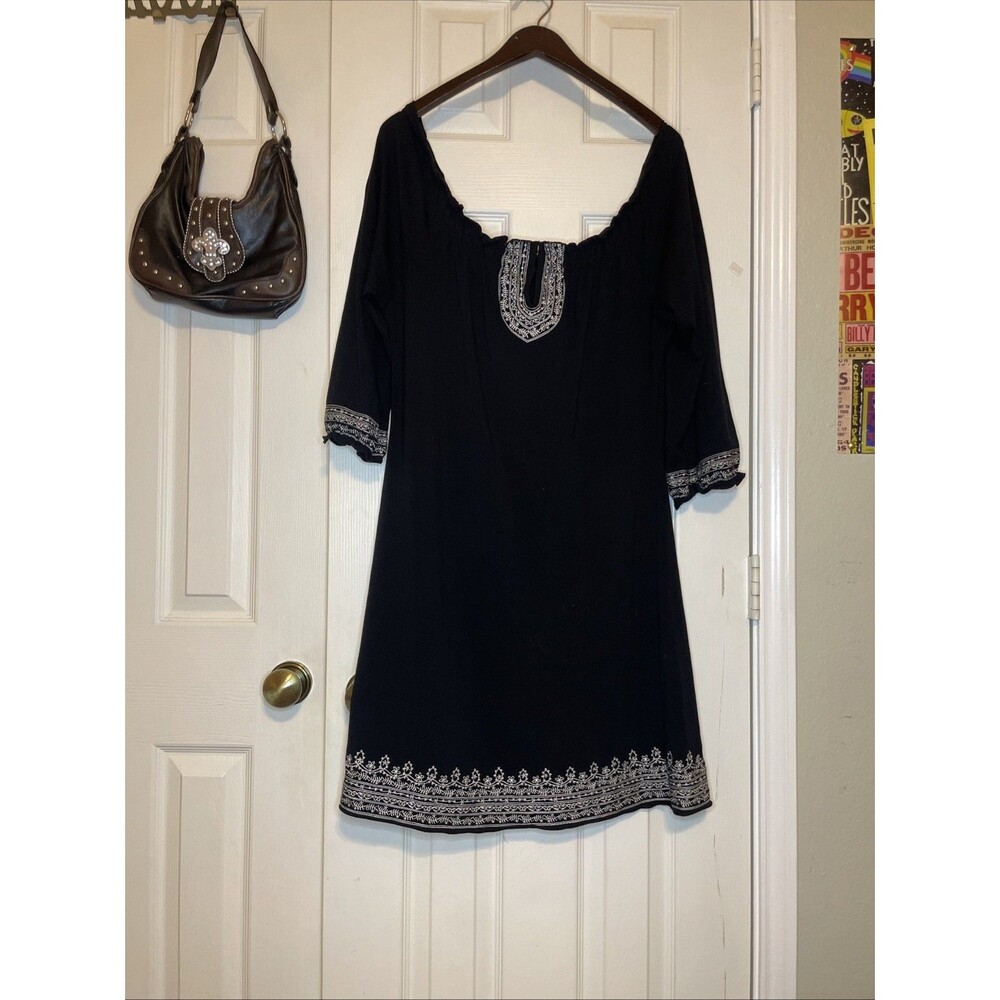 Medium Cowgirl Justice Boho Dress Black Embroidered Tunic Off Shoulder Western
